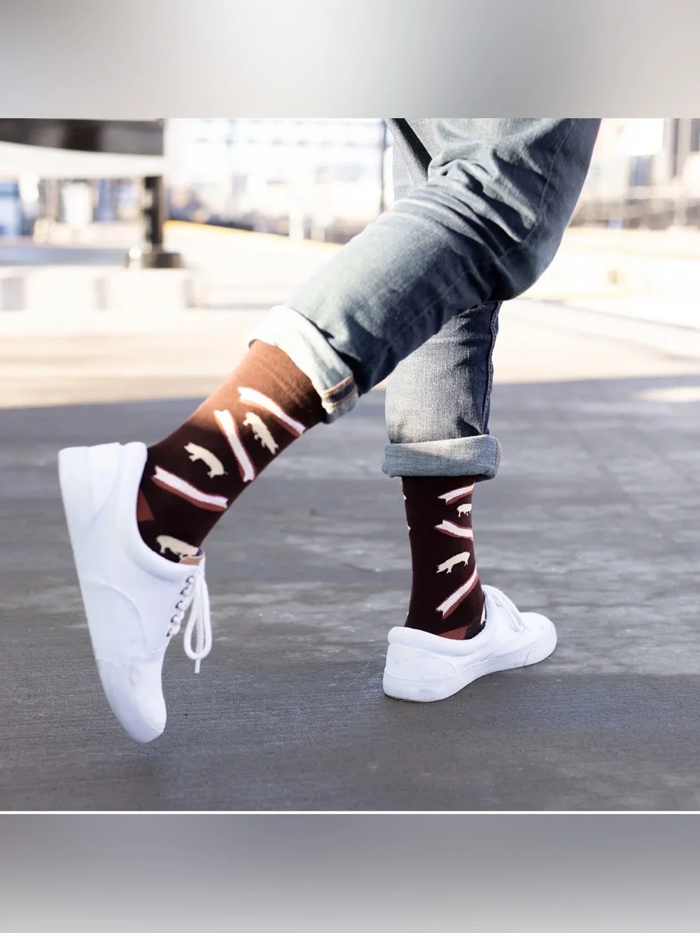 Lackey Novelty Bacon Graphic Crew Socks - Brown/Rust, One Size Fits Most